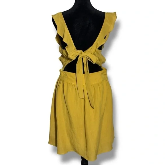 Ivy Chic Mustard Ruffle Sleeves Gathered Waist Cutout Tie Back Mini Dress - Picture 6 of 16